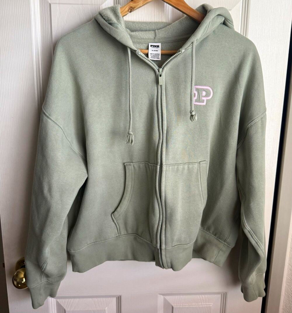 PINK Victoria's Secret Logo Full Zip Fleece Hoodie Green Women's M